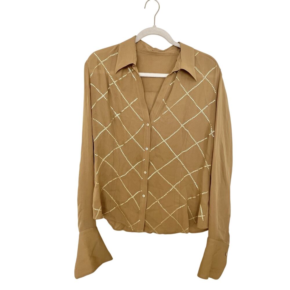 Massimo Dutti 100% Silk Sheer Sequin Embellished Blouse 44 Luxury Holiday Art